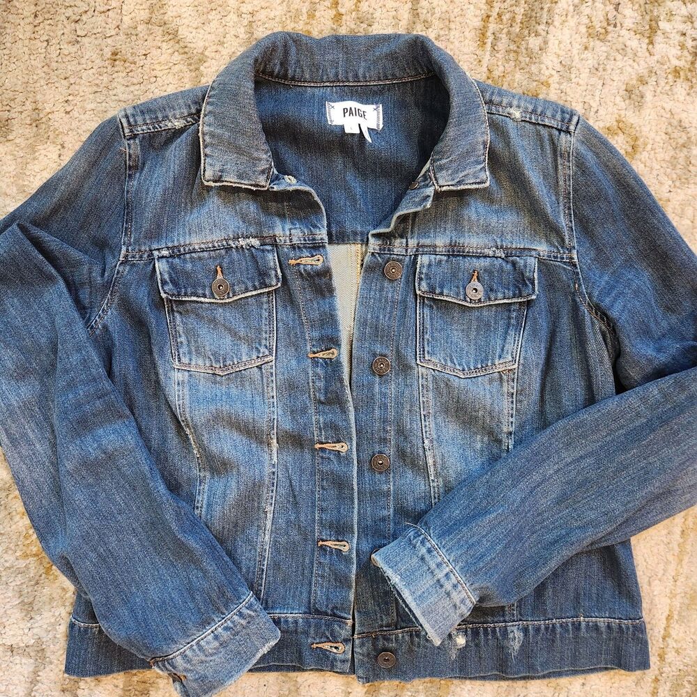 Paige Distressed Denim Jacket Size Large Excellent Condition